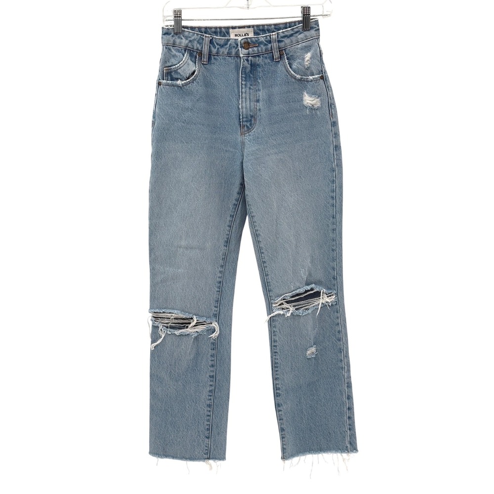 Rollas Jeans High Rise Straight Loose Fit Women Size 25 Distressed Light Blue‎
